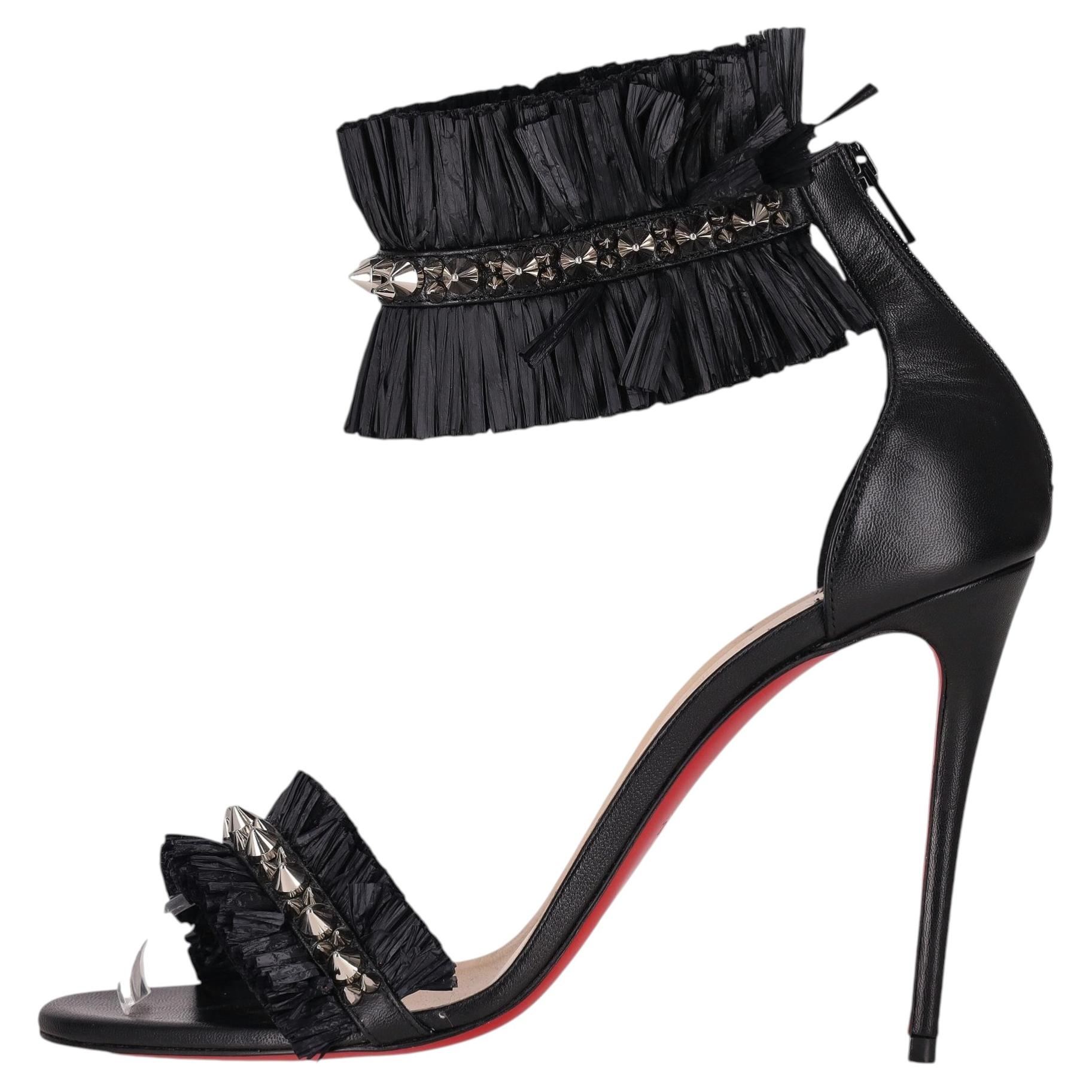 Christian Louboutin Poupedou 100 Lambskin Leather Sandals With Raffia Fringe For Sale