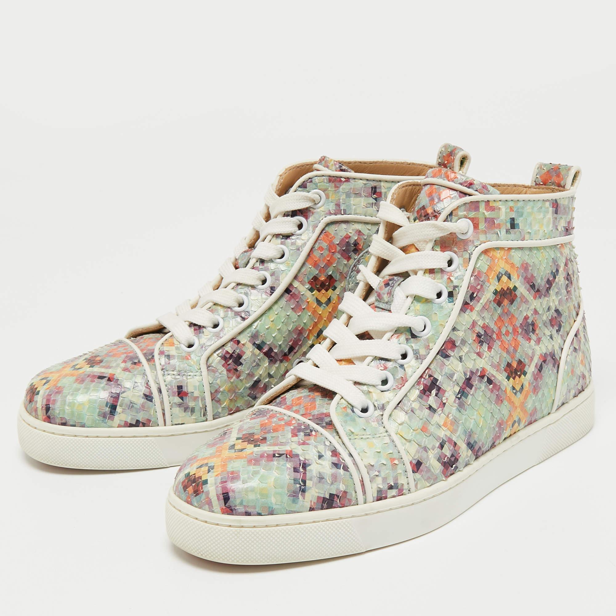 Beige Christian Louboutin Printed Python Louis Orlato High Top Sneakers Size 37 For Sale