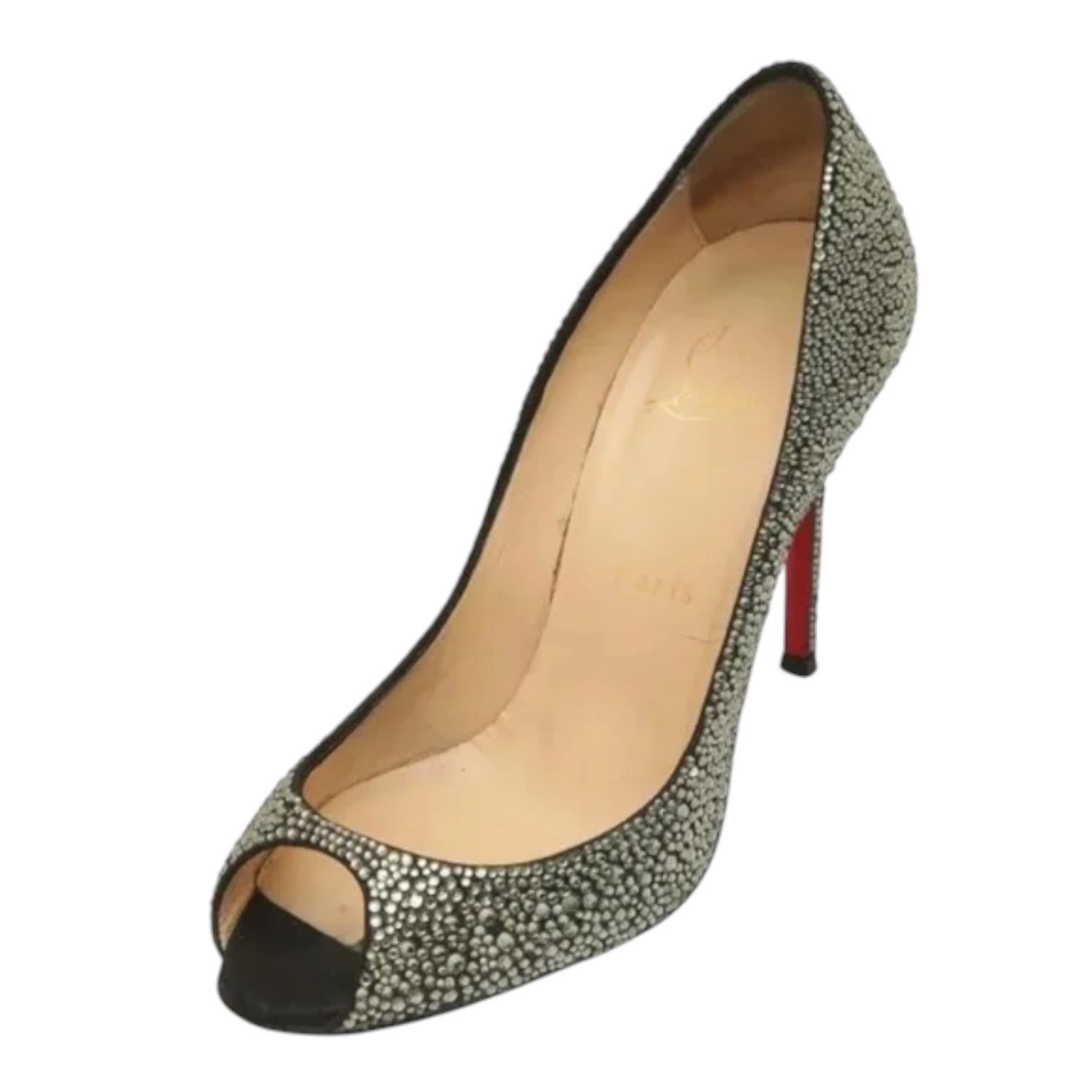 CHRISTIAN LOUBOUTIN Pump Kristall Schwarz Wildleder Sexy Strass Peep Toe Heels 38 $3295 (Beige) im Angebot
