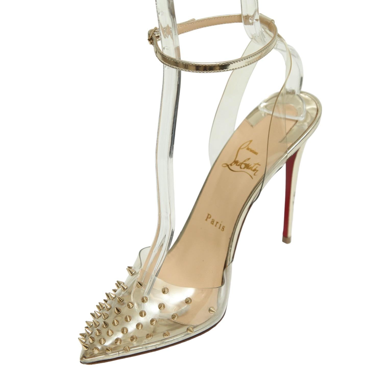 CHRISTIAN LOUBOUTIN Pump PVC Metallic Gold Spike SPIKOO Leather Heel 100mm 39.5 In Good Condition For Sale In Hollywood, FL