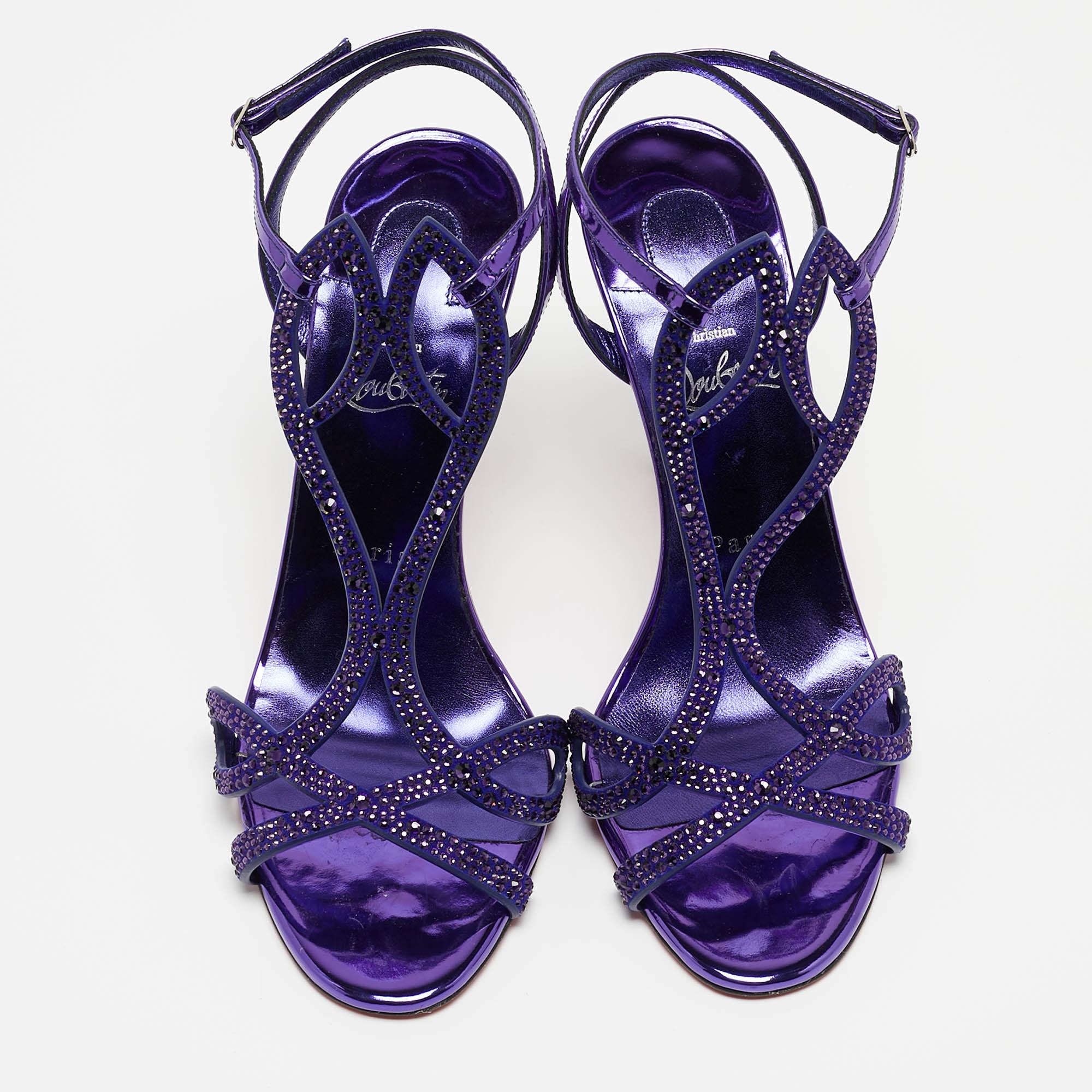 Christian Louboutin Purple Crystal Embellished Patent Leather Double L Sandals S In New Condition In Dubai, Al Qouz 2