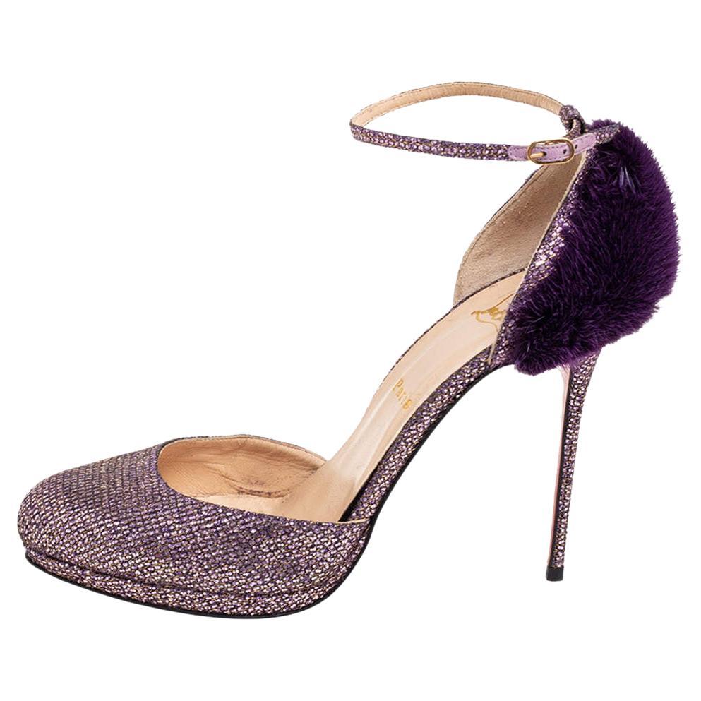 Christian Louboutin Purple Glitter Fabric/Mink Crazy Fur D'orsay Pump Size 39.5 For Sale