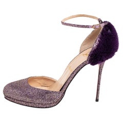 Used Christian Louboutin Purple Glitter Fabric/Mink Crazy Fur D'orsay Pump Size 39.5