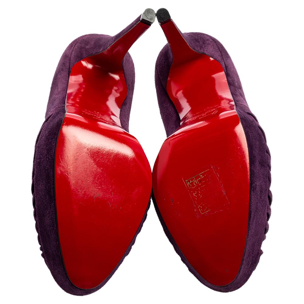 Christian Louboutin Purple Knotted Greissimo Peep-Toe Platform Pumps Size 37 In Good Condition For Sale In Dubai, Al Qouz 2