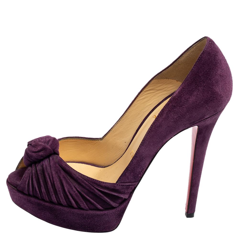 Women's Christian Louboutin Purple Knotted Greissimo Peep-Toe Platform Pumps Size 37 For Sale
