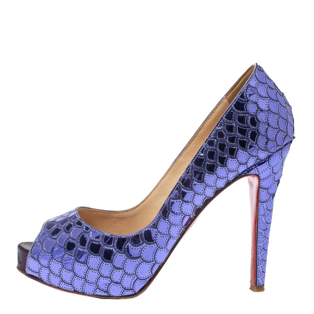 Gray Christian Louboutin Purple Mirrored Sequin Patent Leather Very Prive Pumps Size 