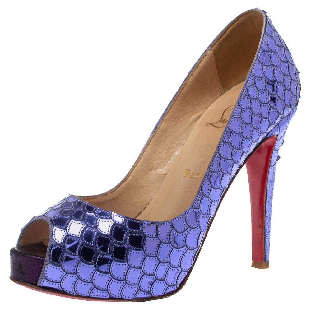 Christian Louboutin Purple Mirrored Sequin Patent Leather Very Prive Pumps Size 
