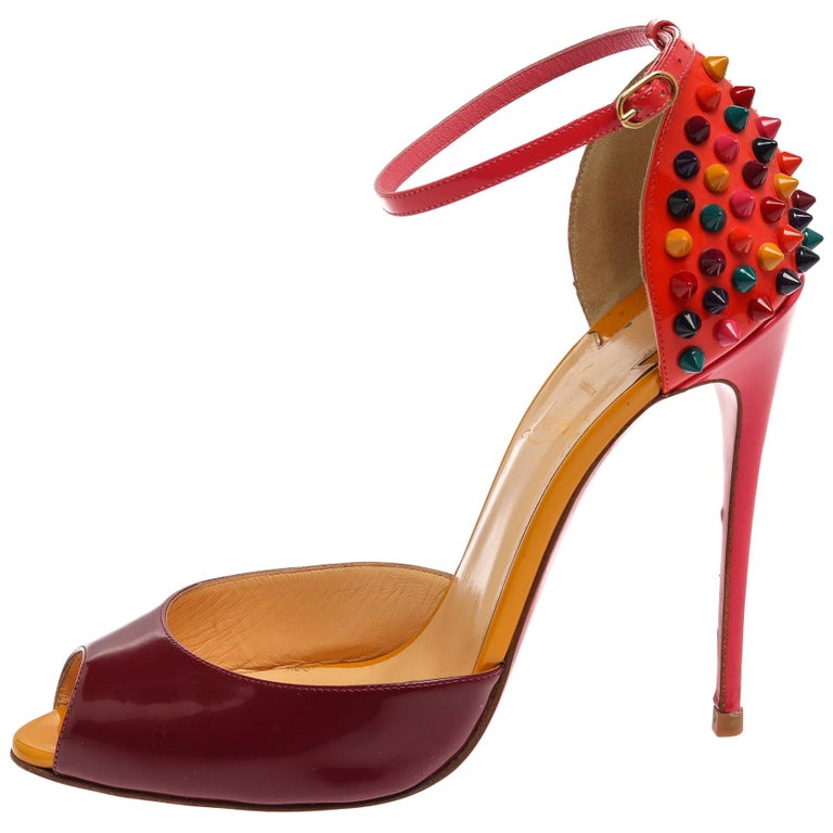 Christian Louboutin Purple/Orange Patent Leather Spike Peep Toe Sandals ...