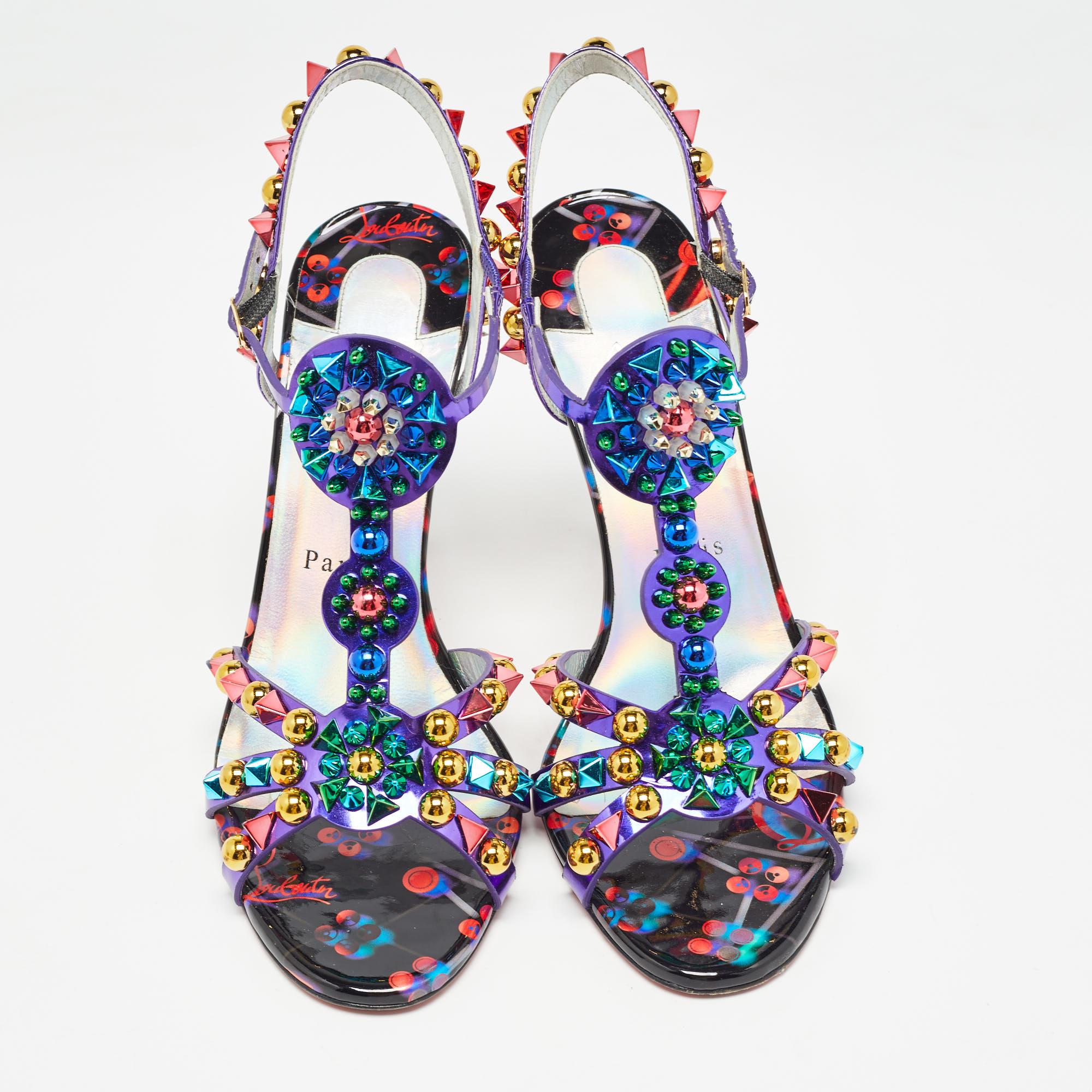 Gray Christian Louboutin Purple Patent Leather Studded Goldora Sandals Size 40.5