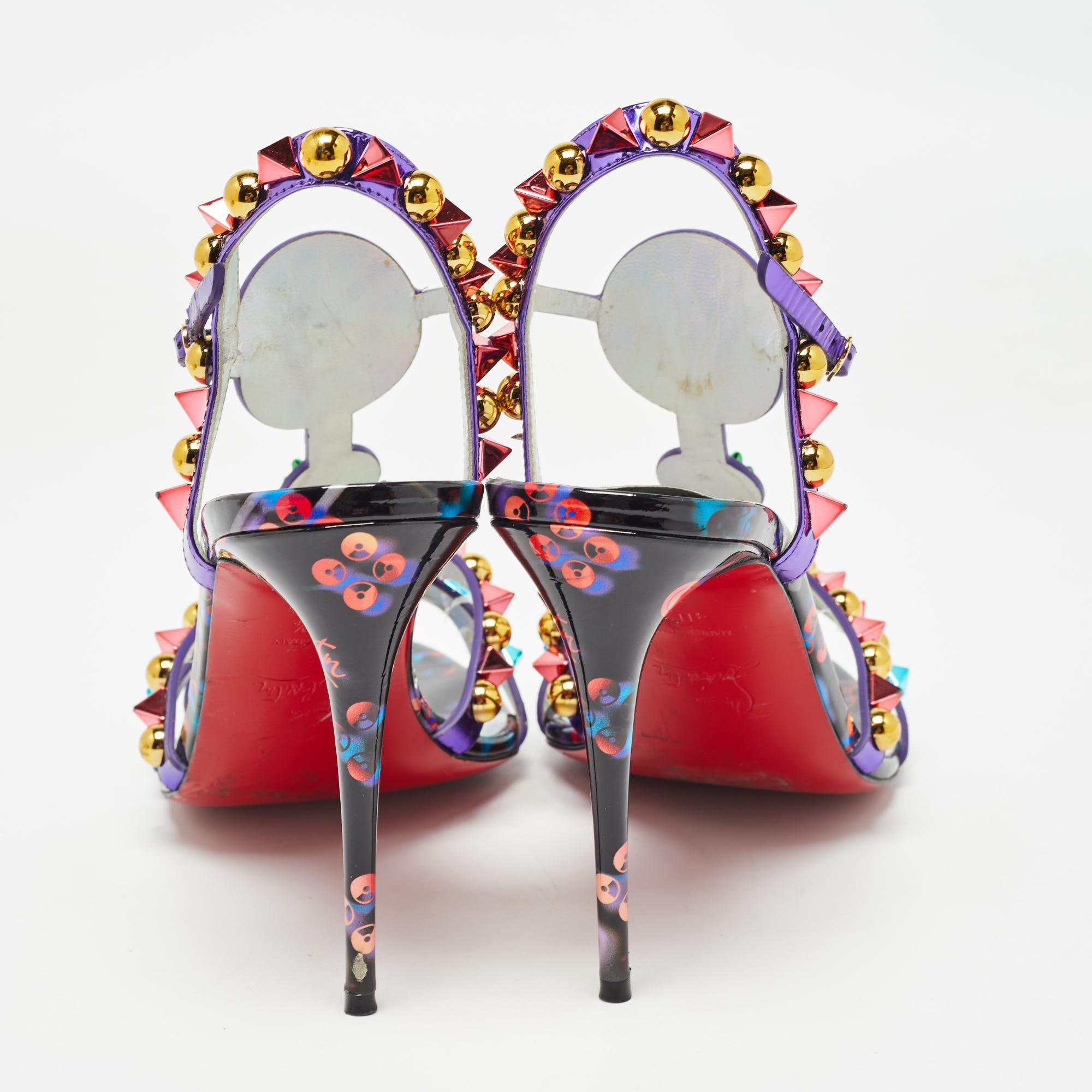 Women's Christian Louboutin Purple Patent Leather Studded Goldora Sandals Size 40.5