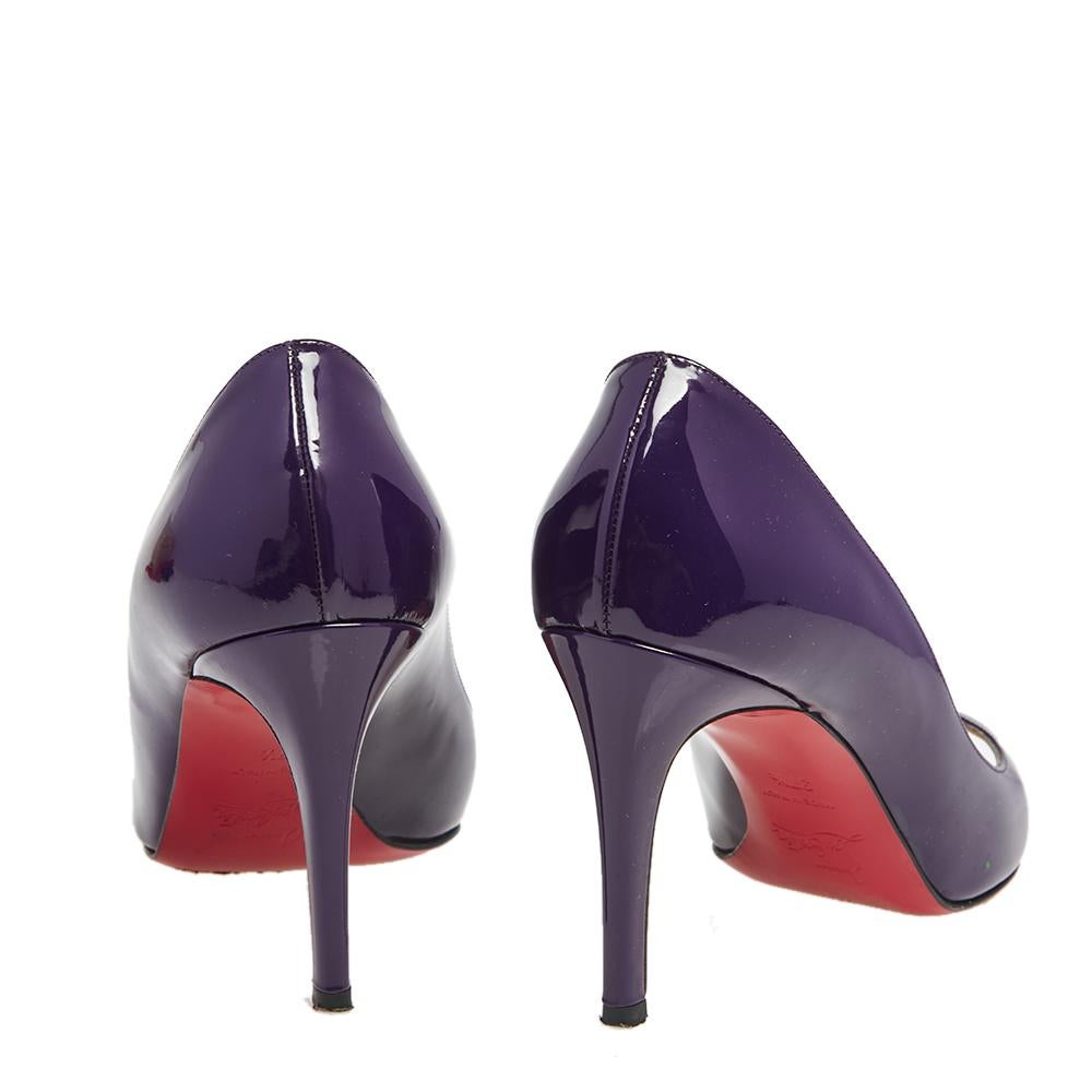 Beige Christian Louboutin Purple Patent Leather You You Peep Toe Pumps Size 37.5 For Sale