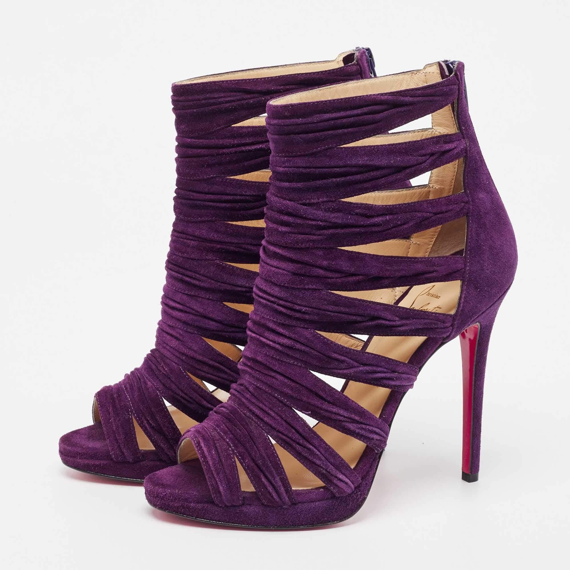 Women's Christian Louboutin Purple Pleated Suede Tinazata Sandals Size 38 For Sale