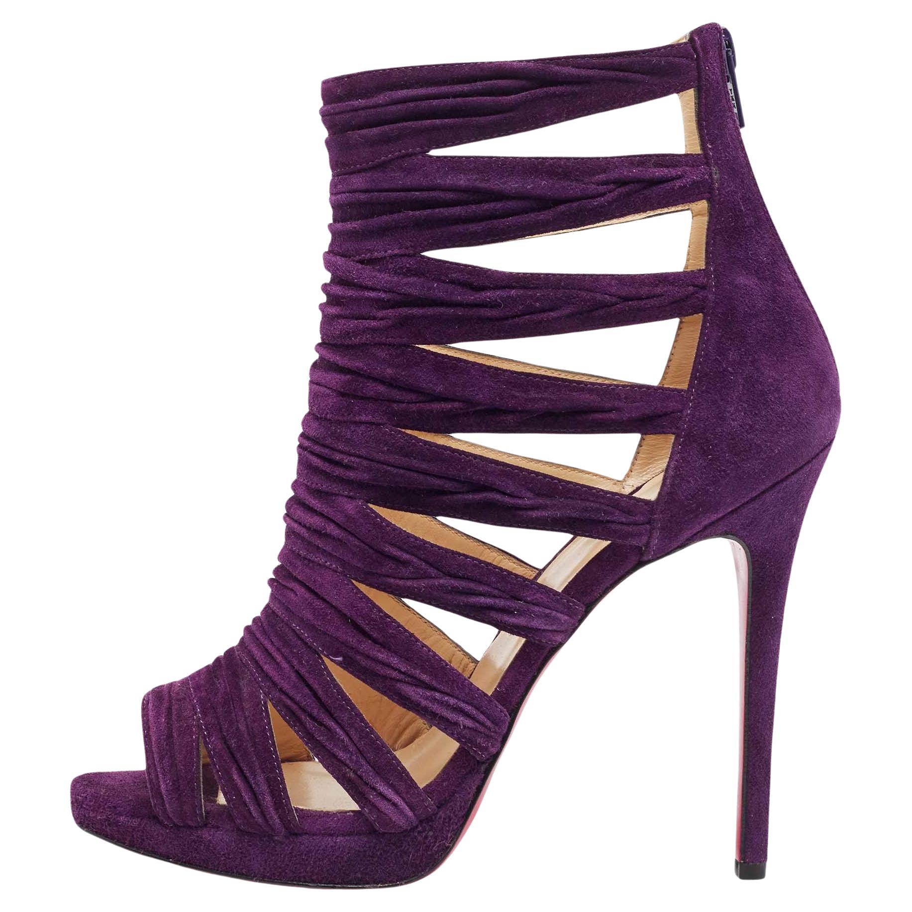 Christian Louboutin Purple Pleated Suede Tinazata Sandals Size 38 For Sale
