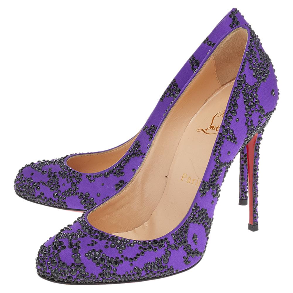 Gray Christian Louboutin Purple Satin Samira Embellished Pumps Size 38