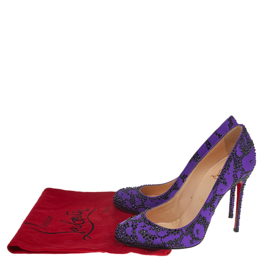 Women's Christian Louboutin Purple Satin Samira Embellished Pumps Size 38
