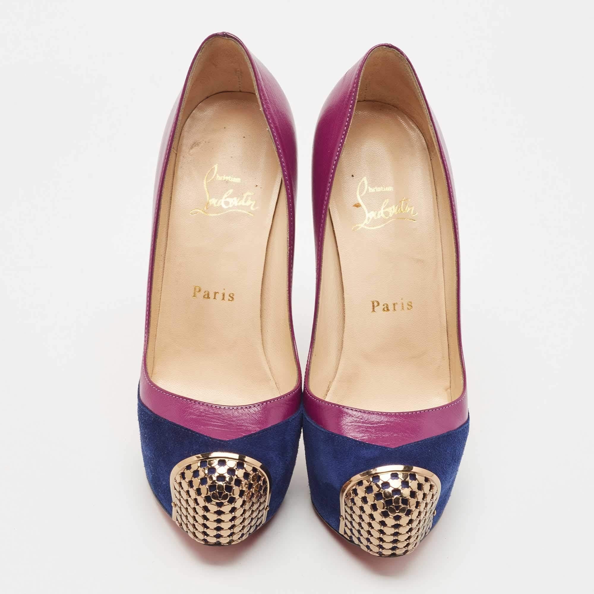 Gray Christian Louboutin Purple Suede and Leather Maggie Platform Pumps Size 36.5 For Sale
