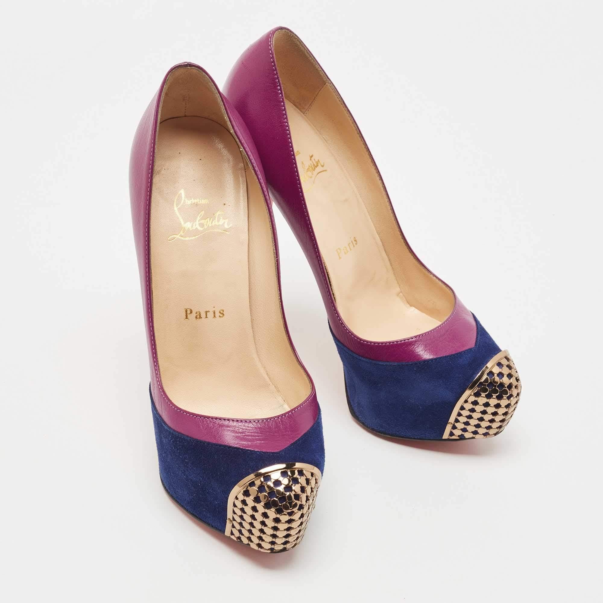 Christian Louboutin Purple Suede and Leather Maggie Platform Pumps Size 36.5 In Good Condition For Sale In Dubai, Al Qouz 2