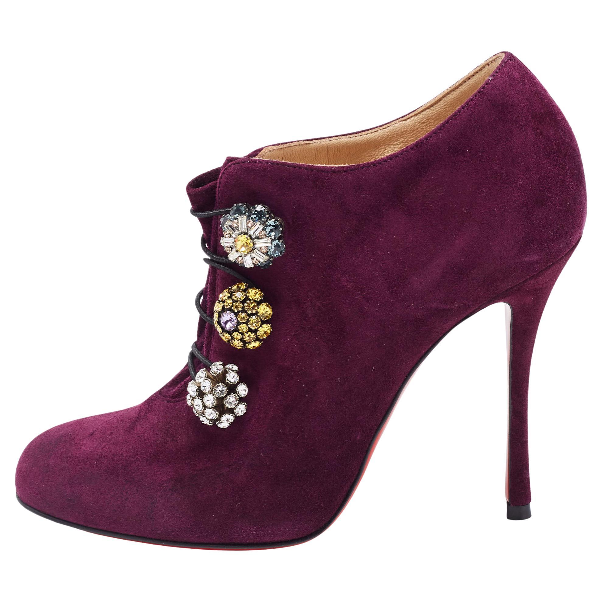 Christian Louboutin Purple Suede Booties Size 35.5 For Sale