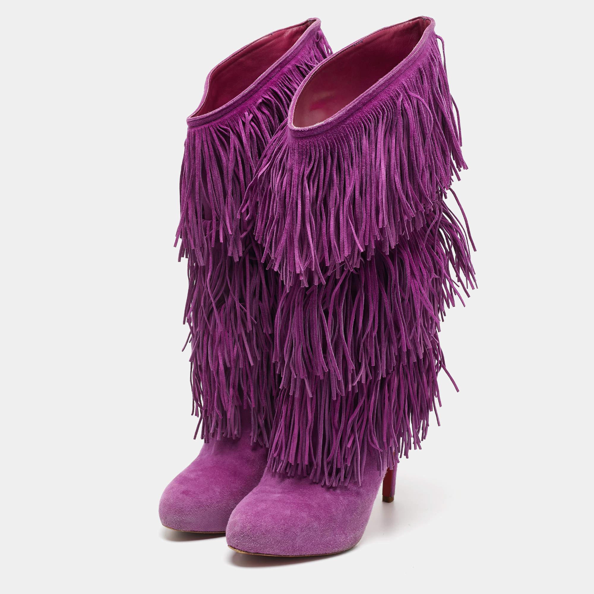 Christian Louboutin Purple Suede Forever Tina Fringe Mild Calf Boots Size 37 For Sale 1