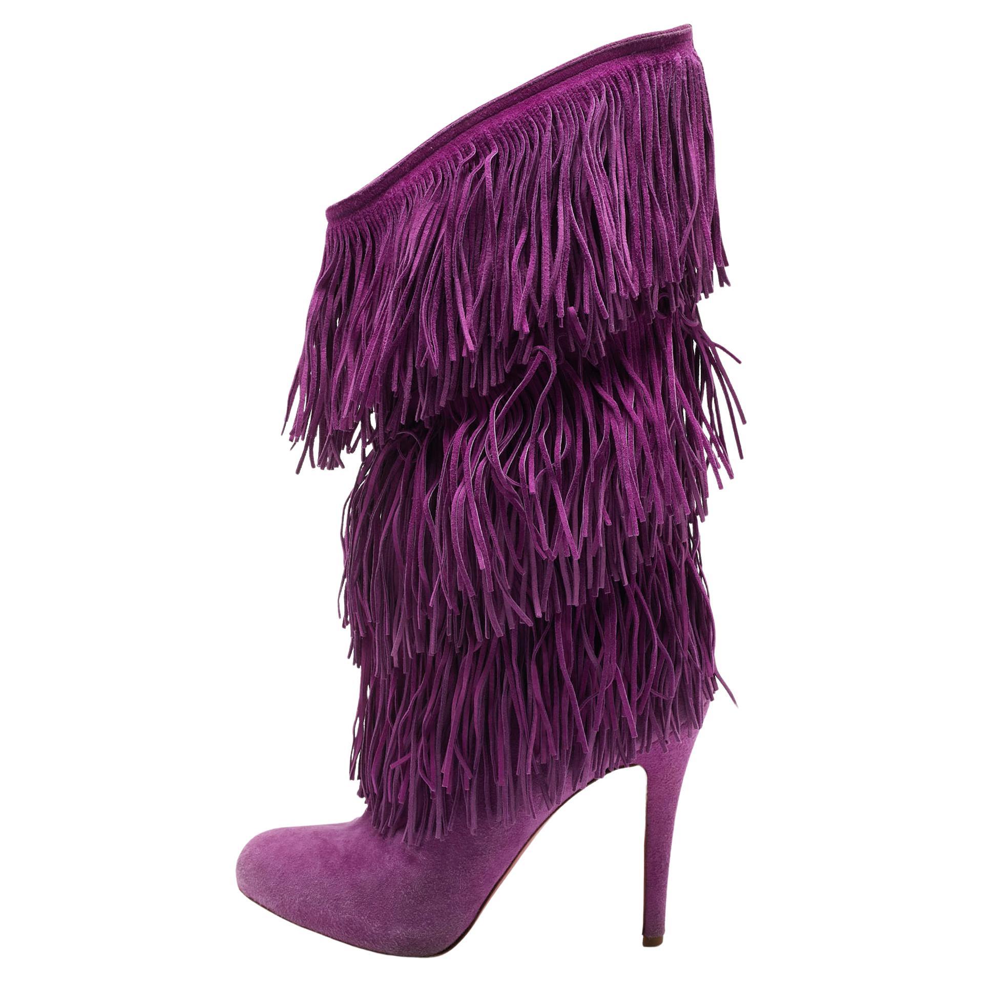 Christian Louboutin Purple Suede Forever Tina Fringe Mild Calf Boots Size 37 For Sale