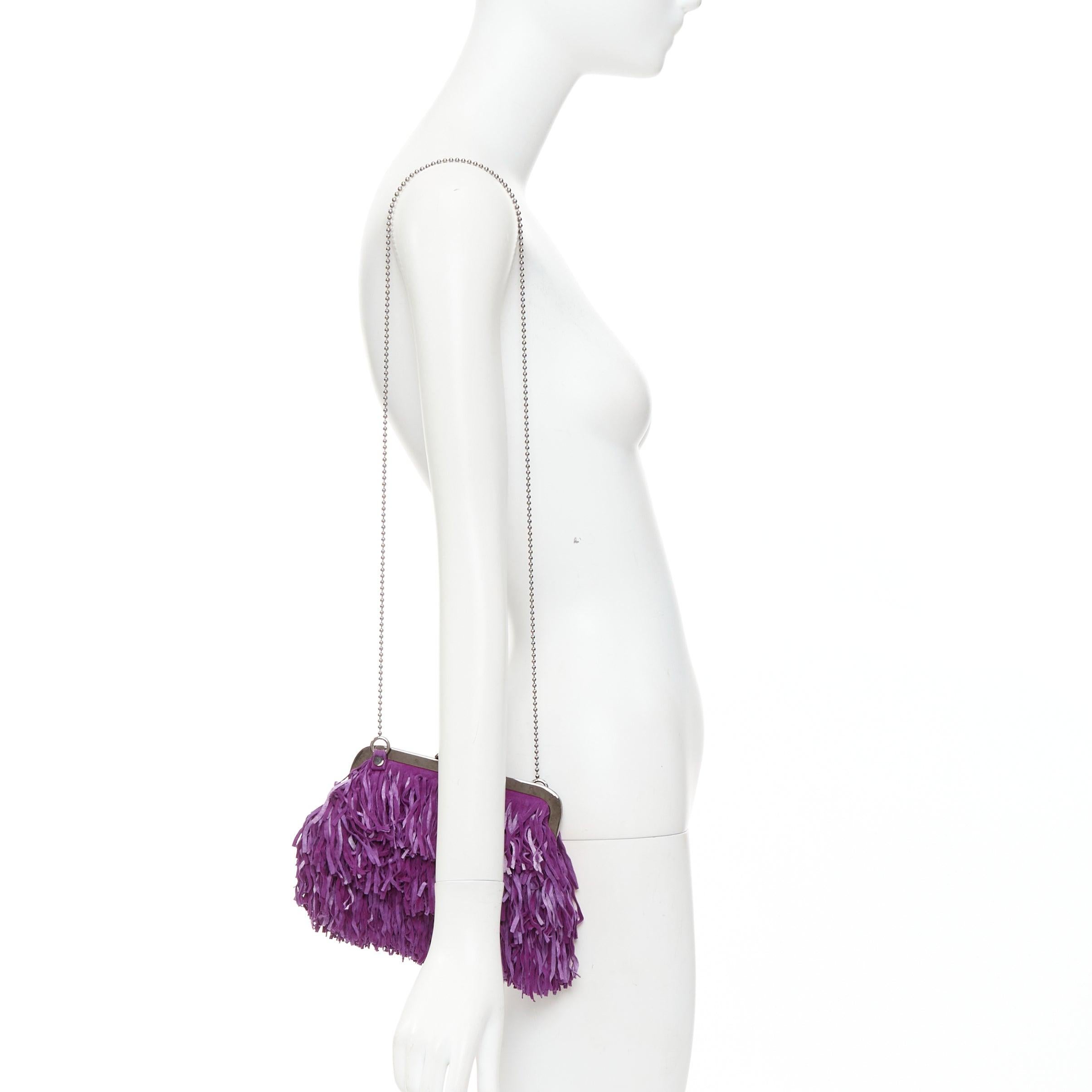 CHRISTIAN LOUBOUTIN purple suede leather fringe heel kiss lock clutch bag
Reference: ECLO/A00153
Brand: Christian Louboutin
Material: Suede
Color: Purple, Silver
Pattern: Solid
Closure: Kiss Lock
Lining: Red Fabric
Extra Details: High heel shaped