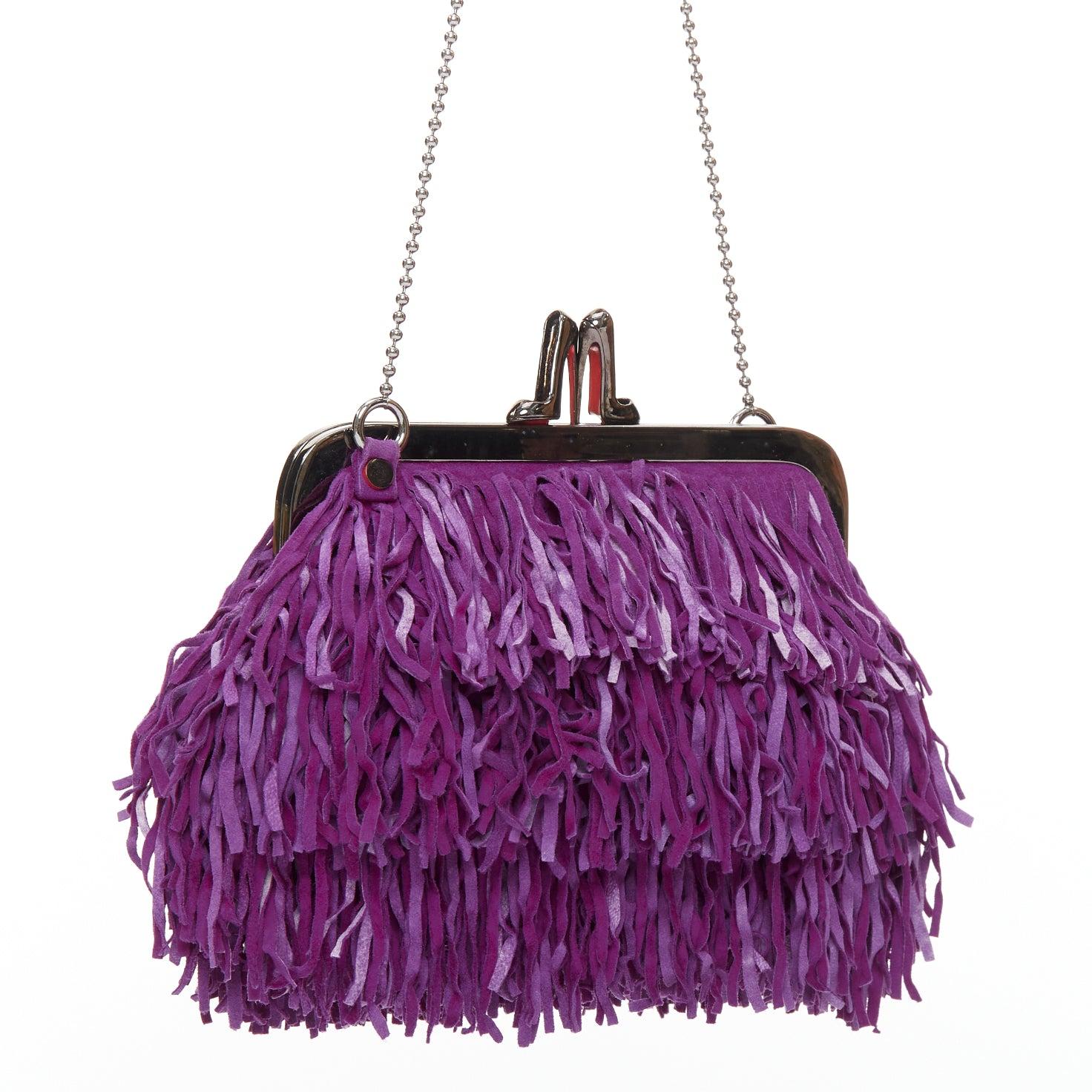 Purple CHRISTIAN LOUBOUTIN purple suede leather fringe heel kiss lock clutch bag For Sale