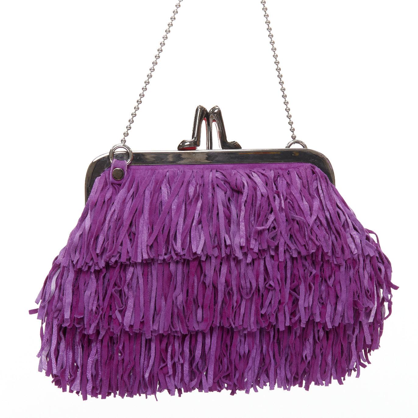 Women's CHRISTIAN LOUBOUTIN purple suede leather fringe heel kiss lock clutch bag For Sale