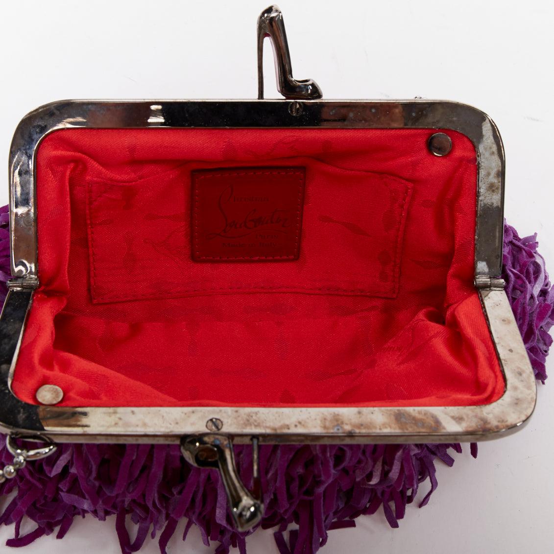 CHRISTIAN LOUBOUTIN purple suede leather fringe heel kiss lock clutch bag For Sale 4