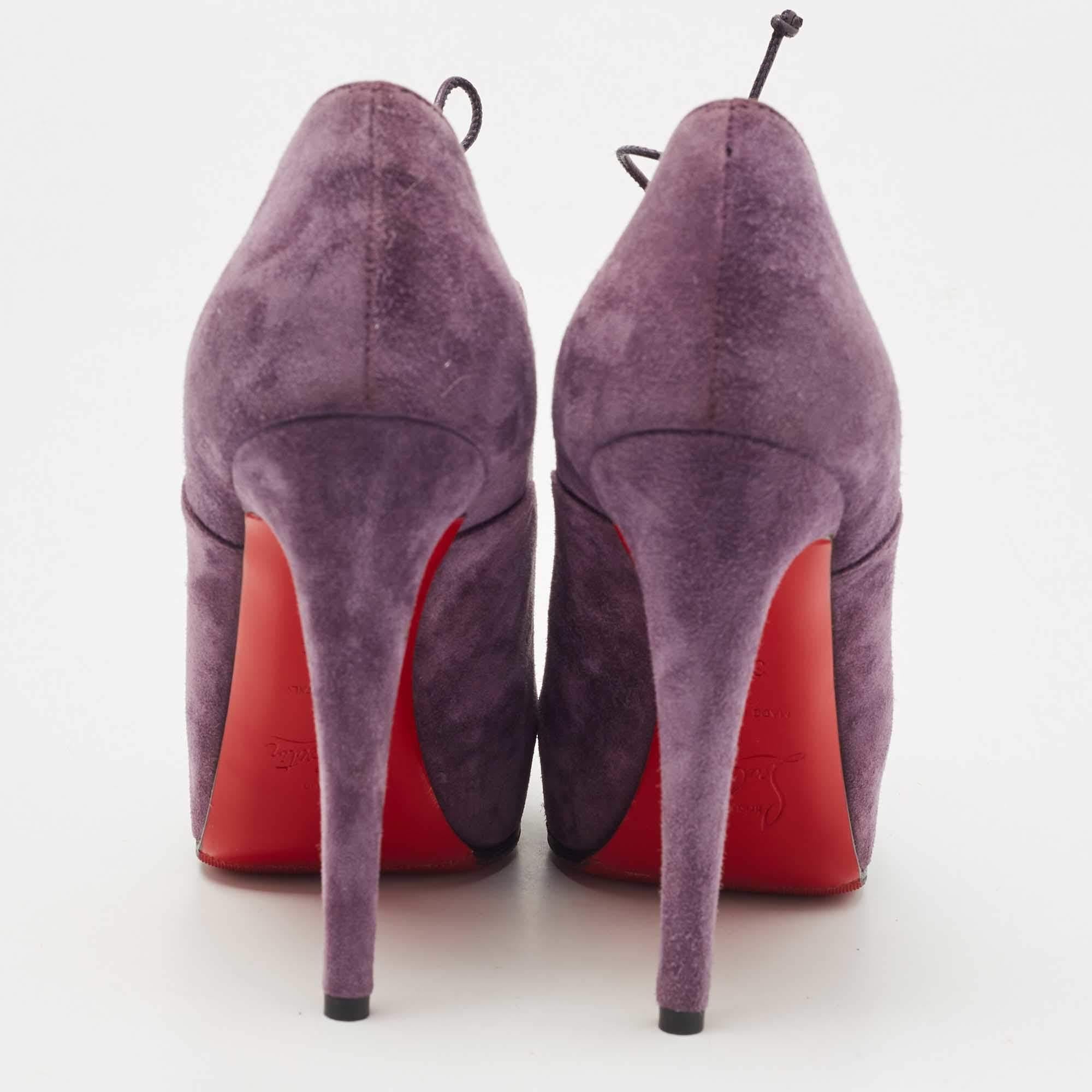 Women's Christian Louboutin Purple Suede Peep Toe Lace Up Booties Size 35.5 For Sale