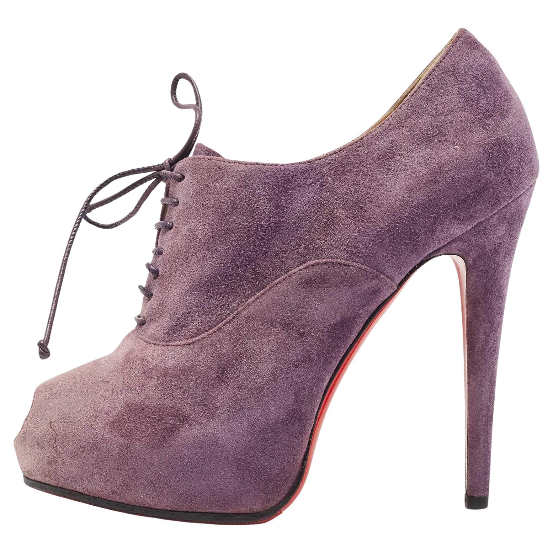 Christian Louboutin Purple Suede Peep Toe Lace Up Booties Size 35.5 For Sale