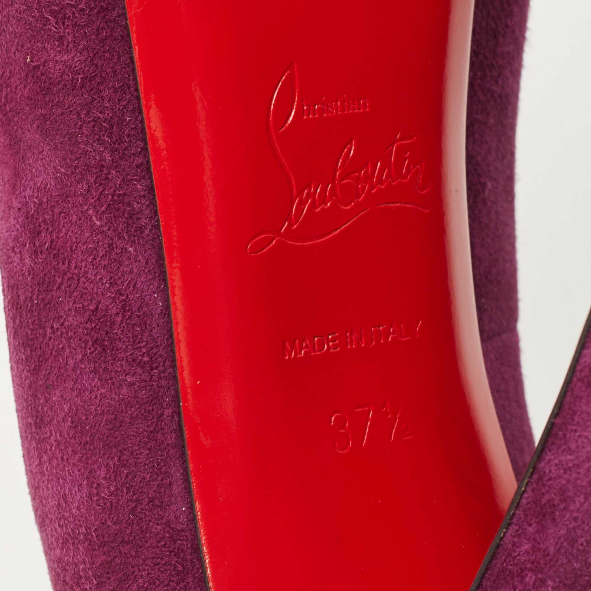 Women's Christian Louboutin Purple Suede Very Prive Platform Peep Toe Pumps Size 37.5 For Sale