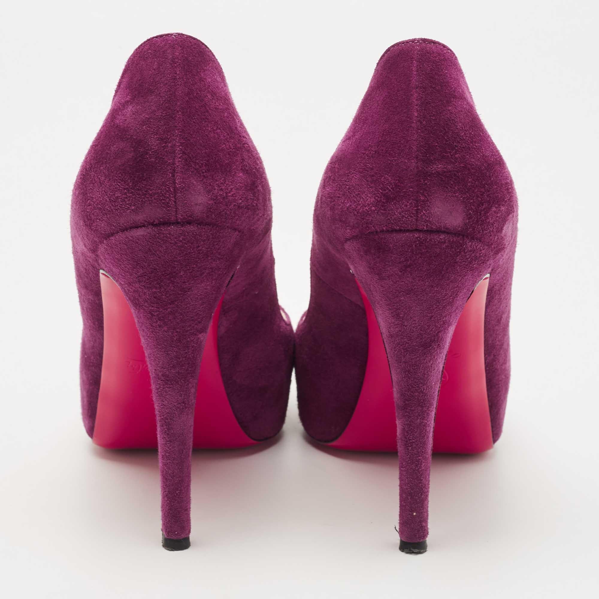 Christian Louboutin Purple Suede Very Prive Platform Peep Toe Pumps Size 37.5 For Sale 3