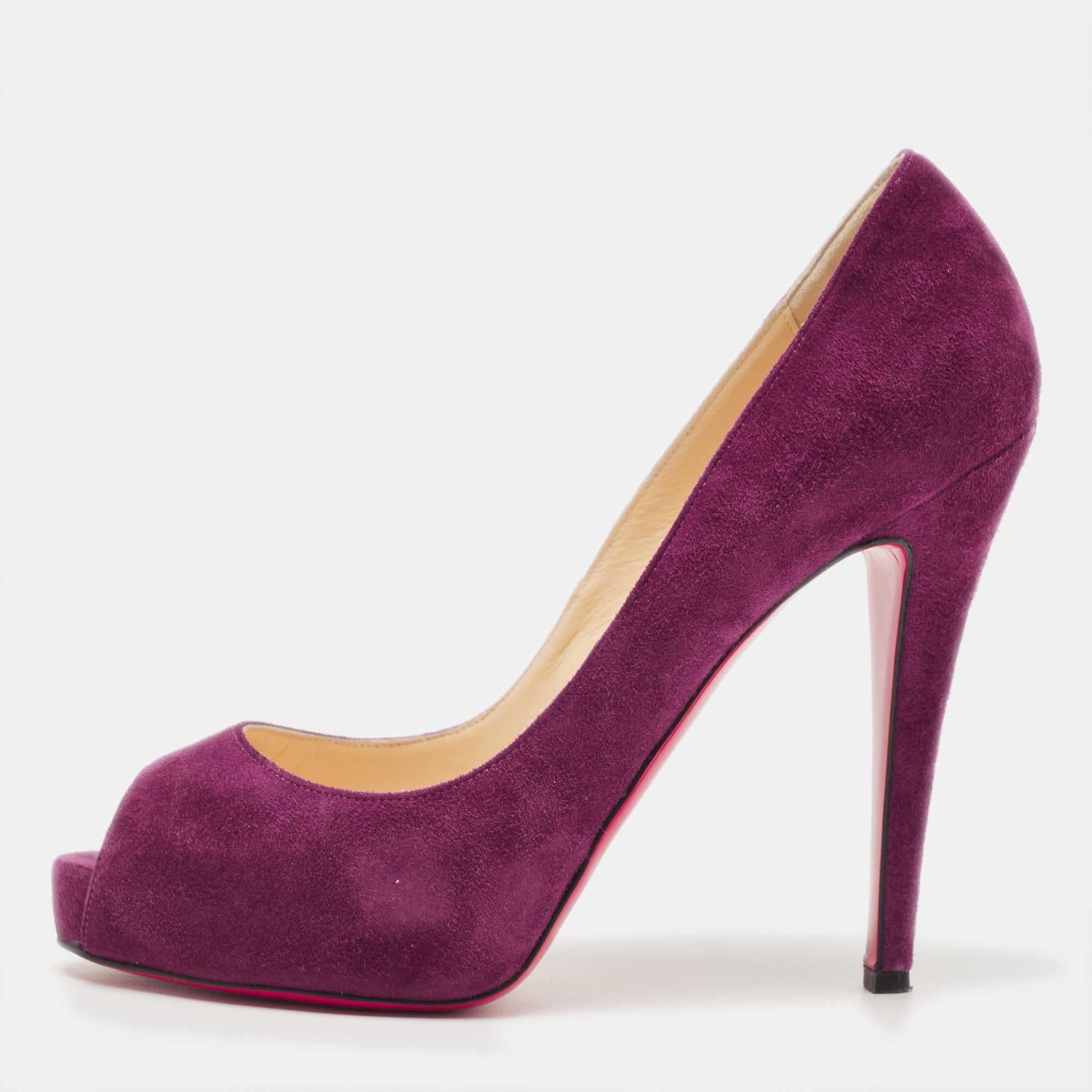 Christian Louboutin Purple Suede Very Prive Platform Peep Toe Pumps Size 37.5 For Sale 4