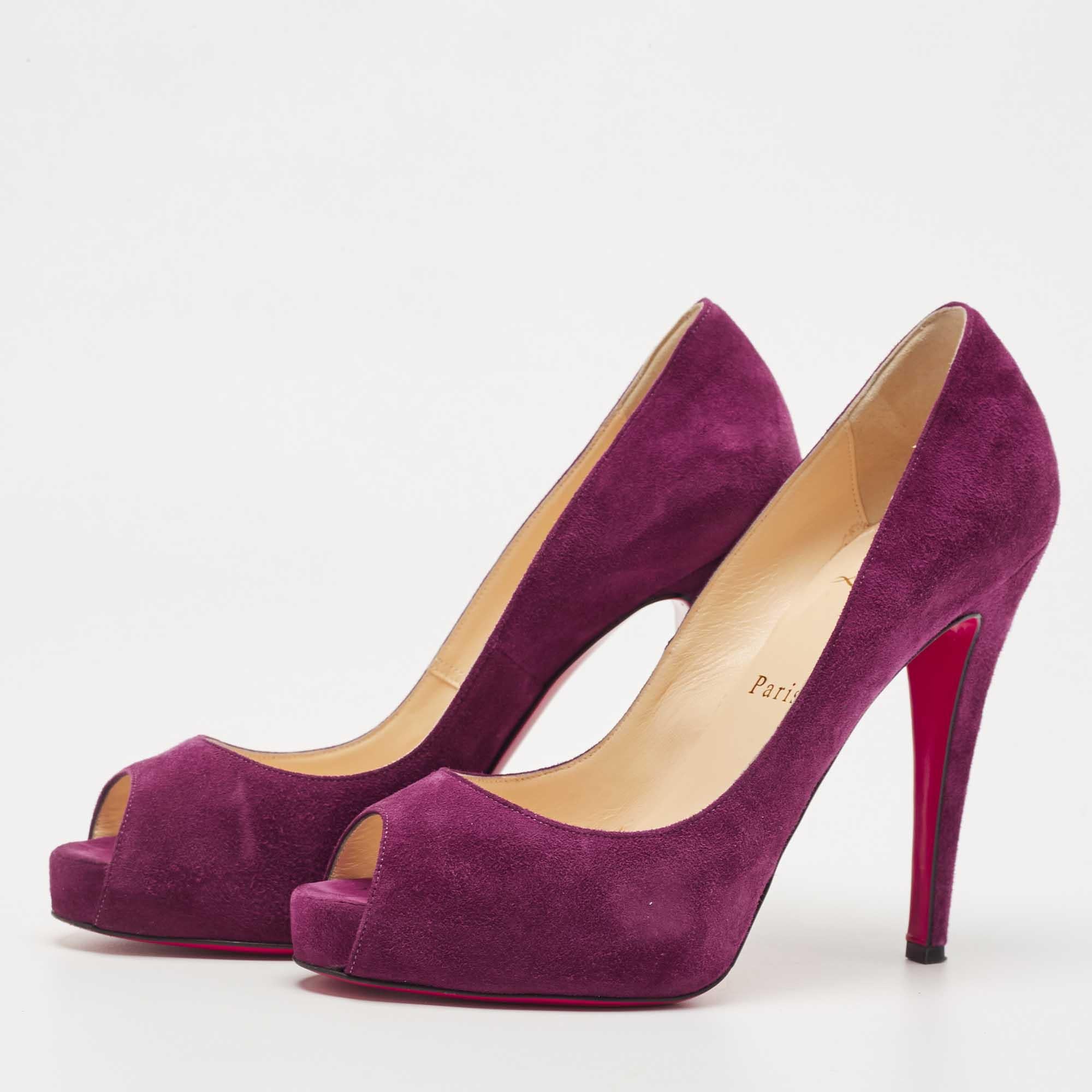 Christian Louboutin Purple Suede Very Prive Platform Peep Toe Pumps Size 37.5 For Sale 5