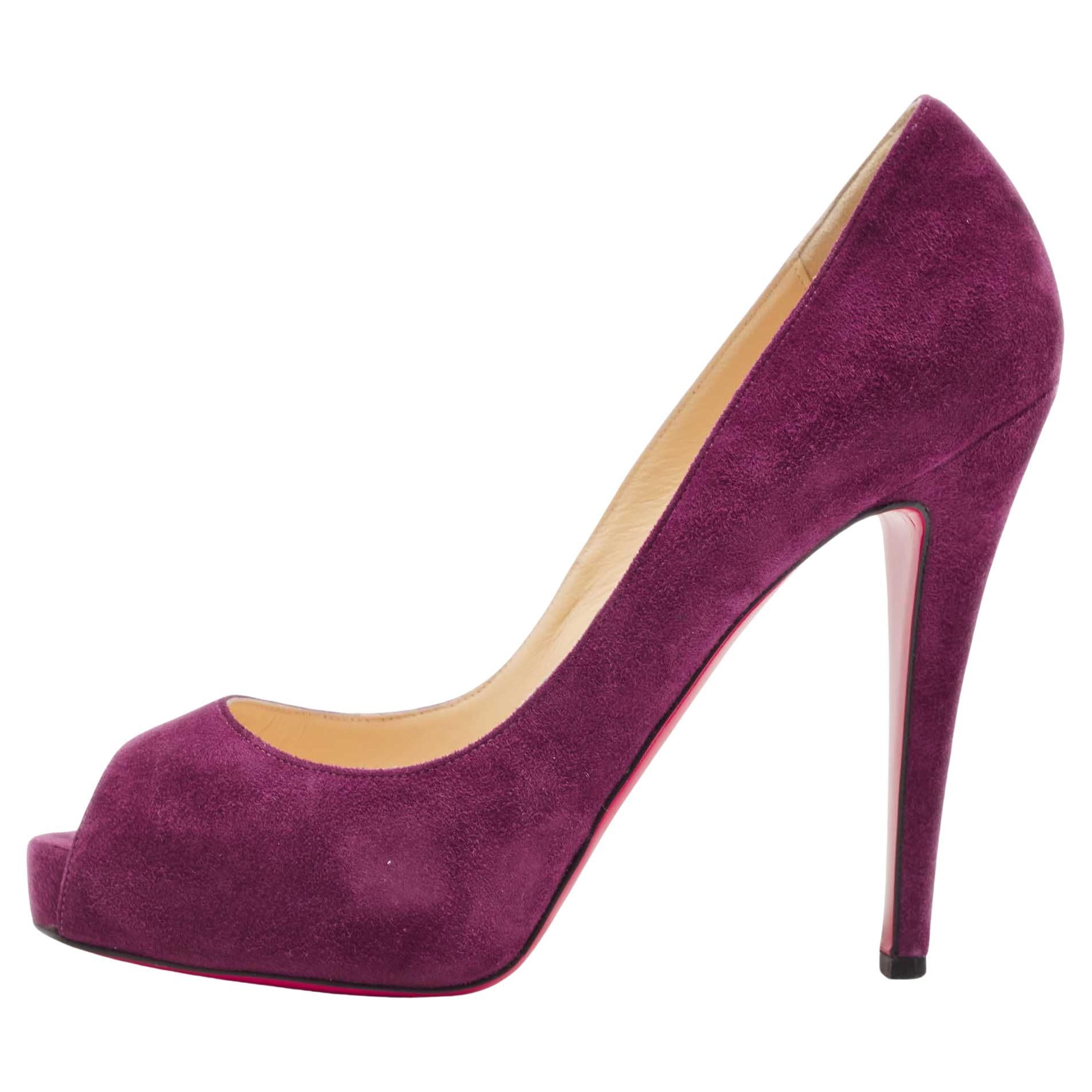 Christian Louboutin Purple Suede Very Prive Platform Peep Toe Pumps Size 37.5 For Sale