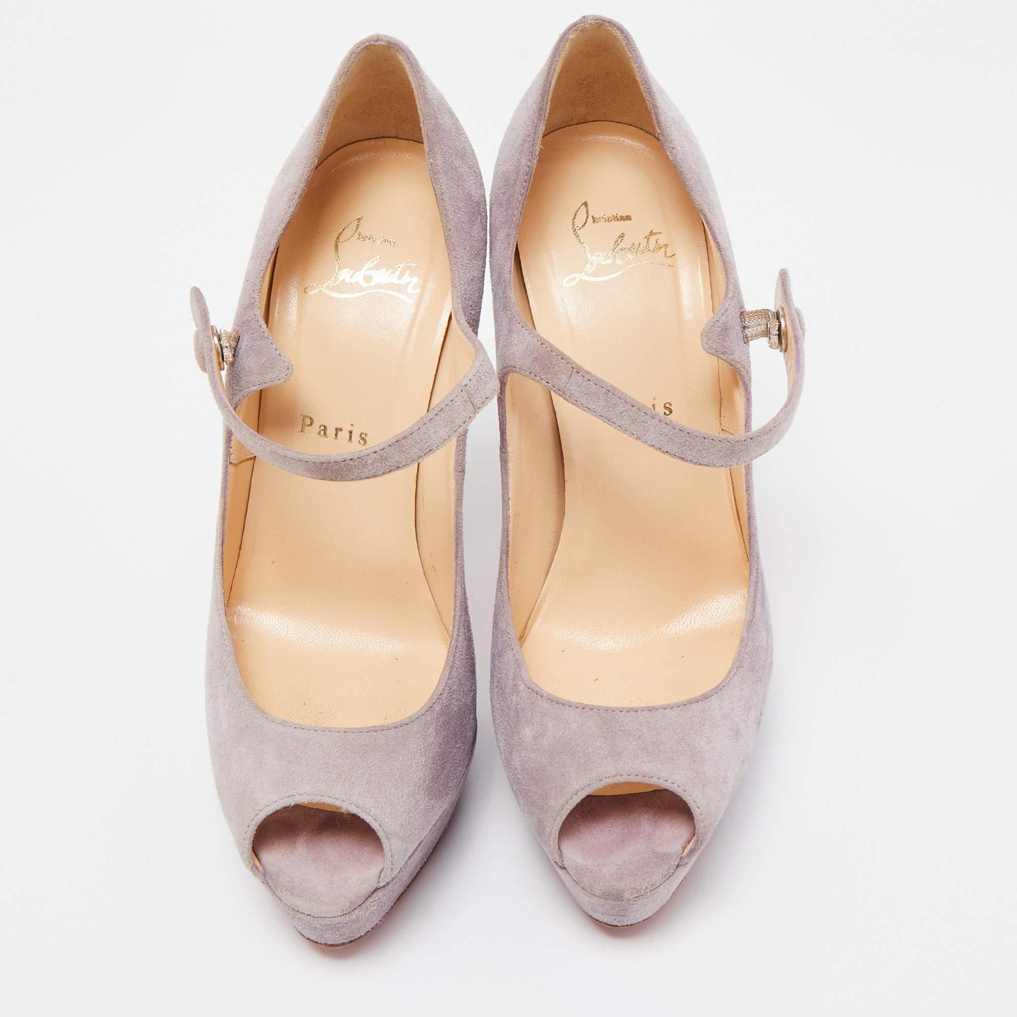 Brown Christian Louboutin Purple Suede Zeppa Peep Toe Mary Jane Pumps Size 37 For Sale