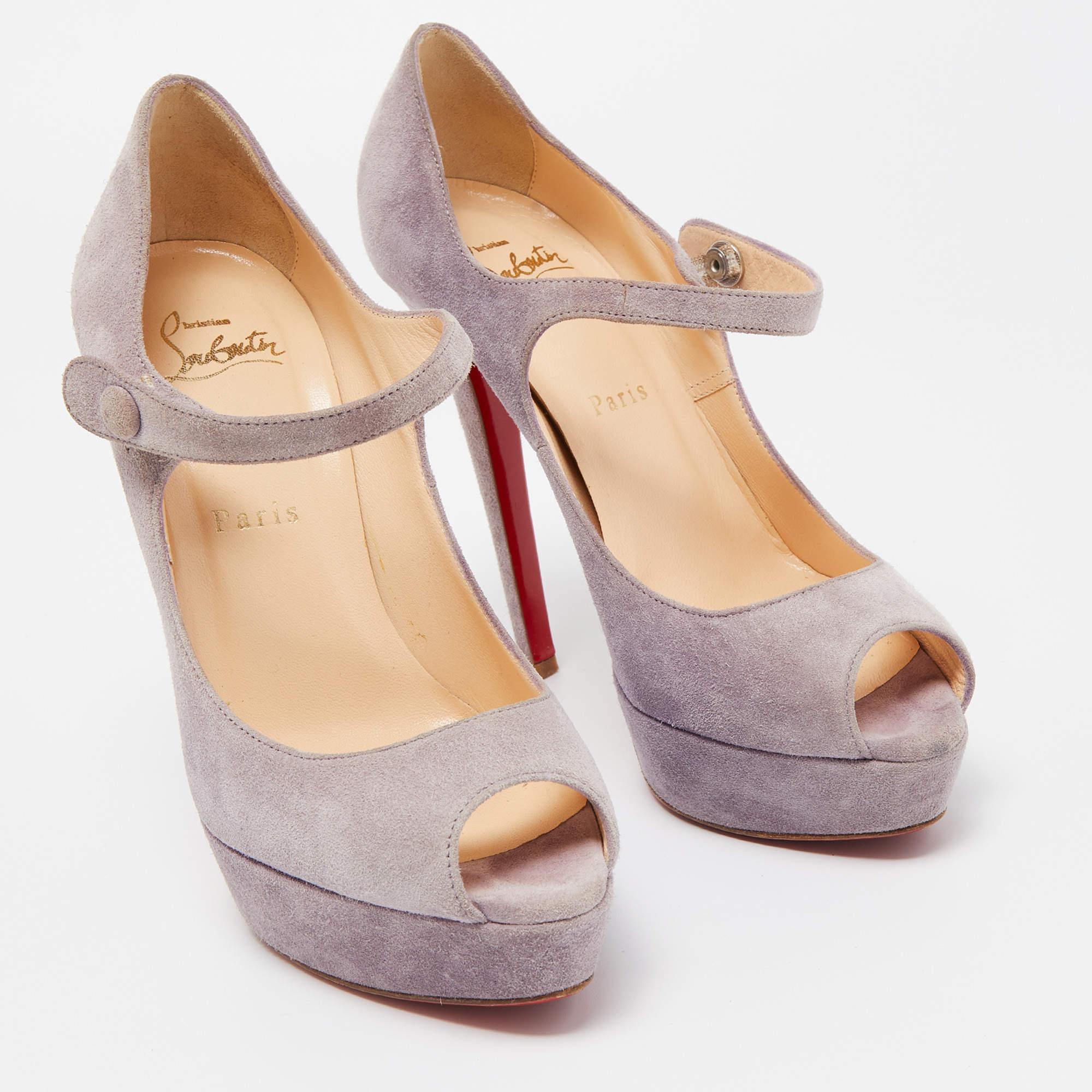 Christian Louboutin Purple Suede Zeppa Peep Toe Mary Jane Pumps Size 37 In Good Condition For Sale In Dubai, Al Qouz 2