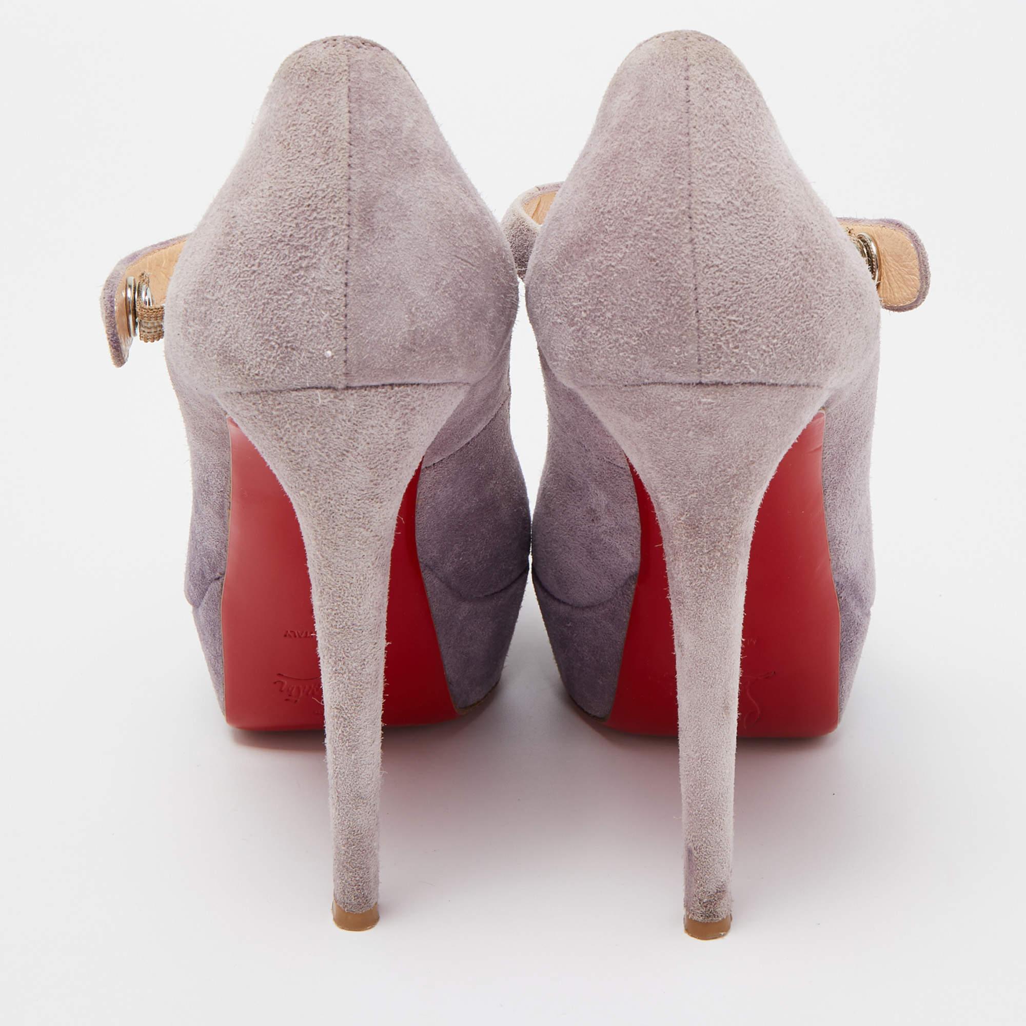 Women's Christian Louboutin Purple Suede Zeppa Peep Toe Mary Jane Pumps Size 37 For Sale