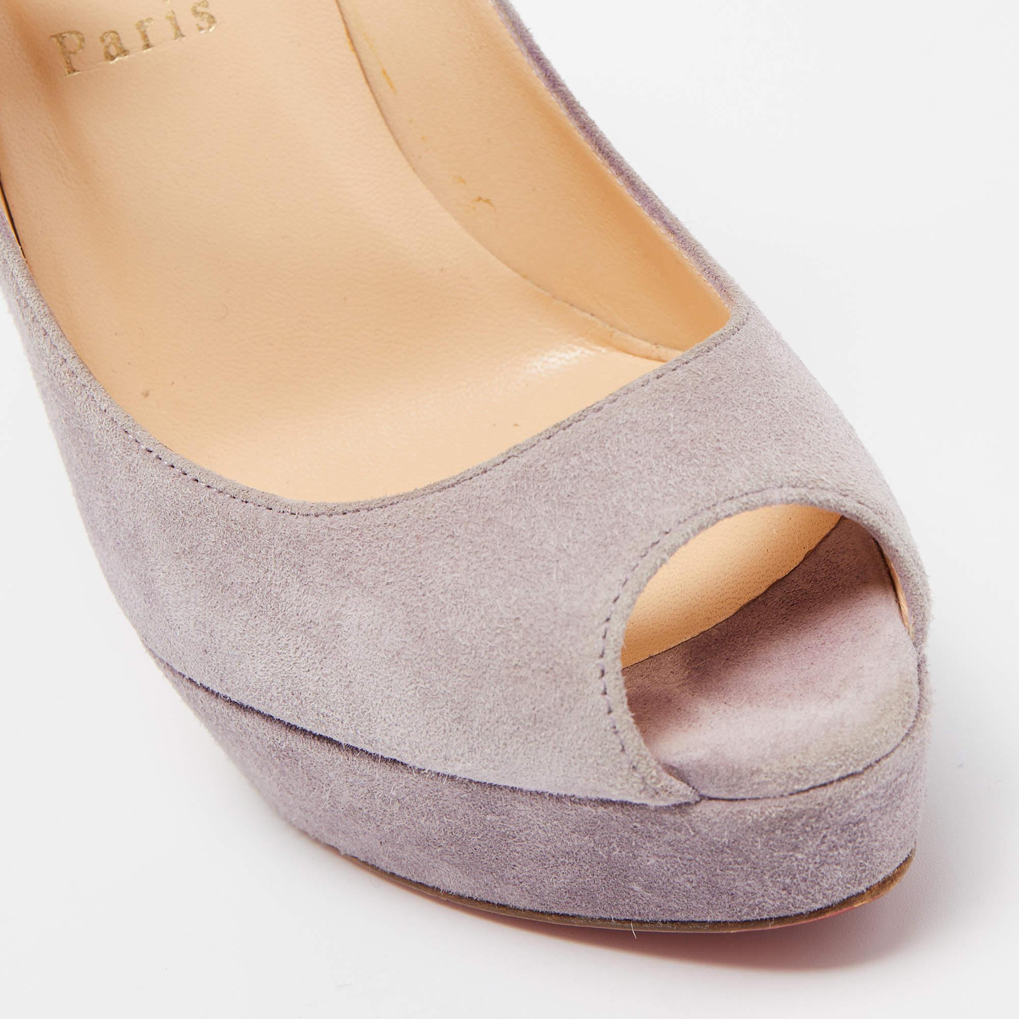 Christian Louboutin Purple Suede Zeppa Peep Toe Mary Jane Pumps Size 37 For Sale 2