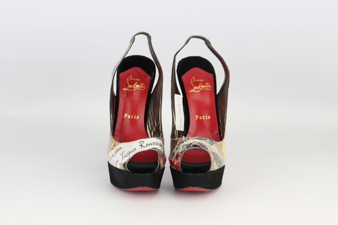 Christian Louboutin collage PVC and velvet slingback platform sandals. Made from collage PVC with velvet heels and set on the brand’s iconic red sole. Black. Slip on. Does not come with box or dustbag. Size: EU 38 (UK 5, US 8). Insole: 9.3 in. Heel: