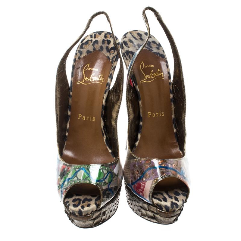 These sandals from Louboutin are a note on eco-friendly fashion. They are crafted from trash-printed PVC and designed with peep toes, slingbacks and leopard-printed heels supported by snakeskin platforms.

Includes: The Luxury Closet Packaging

