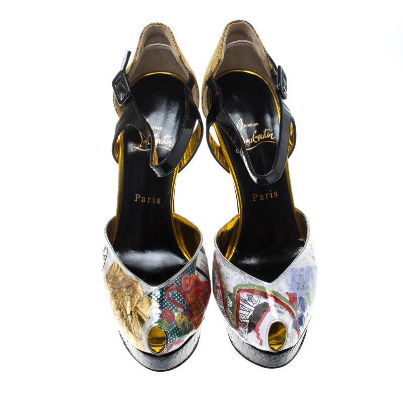 These pumps from Louboutin are a note on eco-friendly fashion. They are designed with prints of trash on PVC, snake-printed embossed suede on the counters and heels, ankle straps, and snakeskin platforms.

Includes: Original Dustbag, Price Tag,