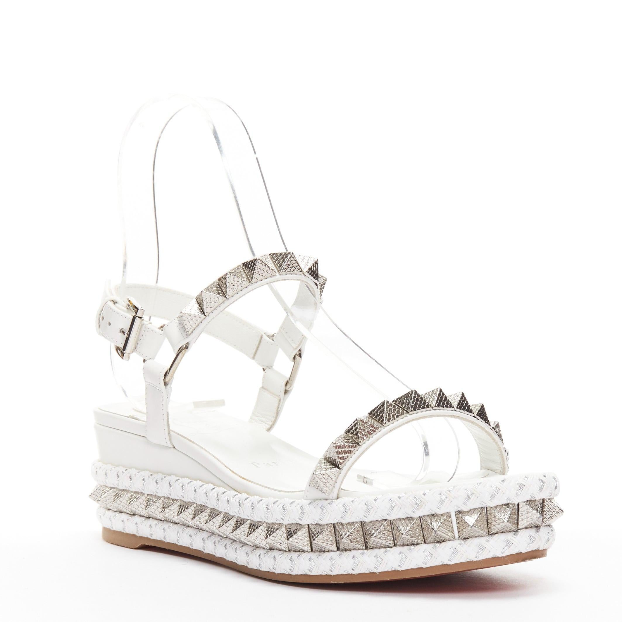 Gray CHRISTIAN LOUBOUTIN Pyraclou 60 white silver studded wedge sandals EU37