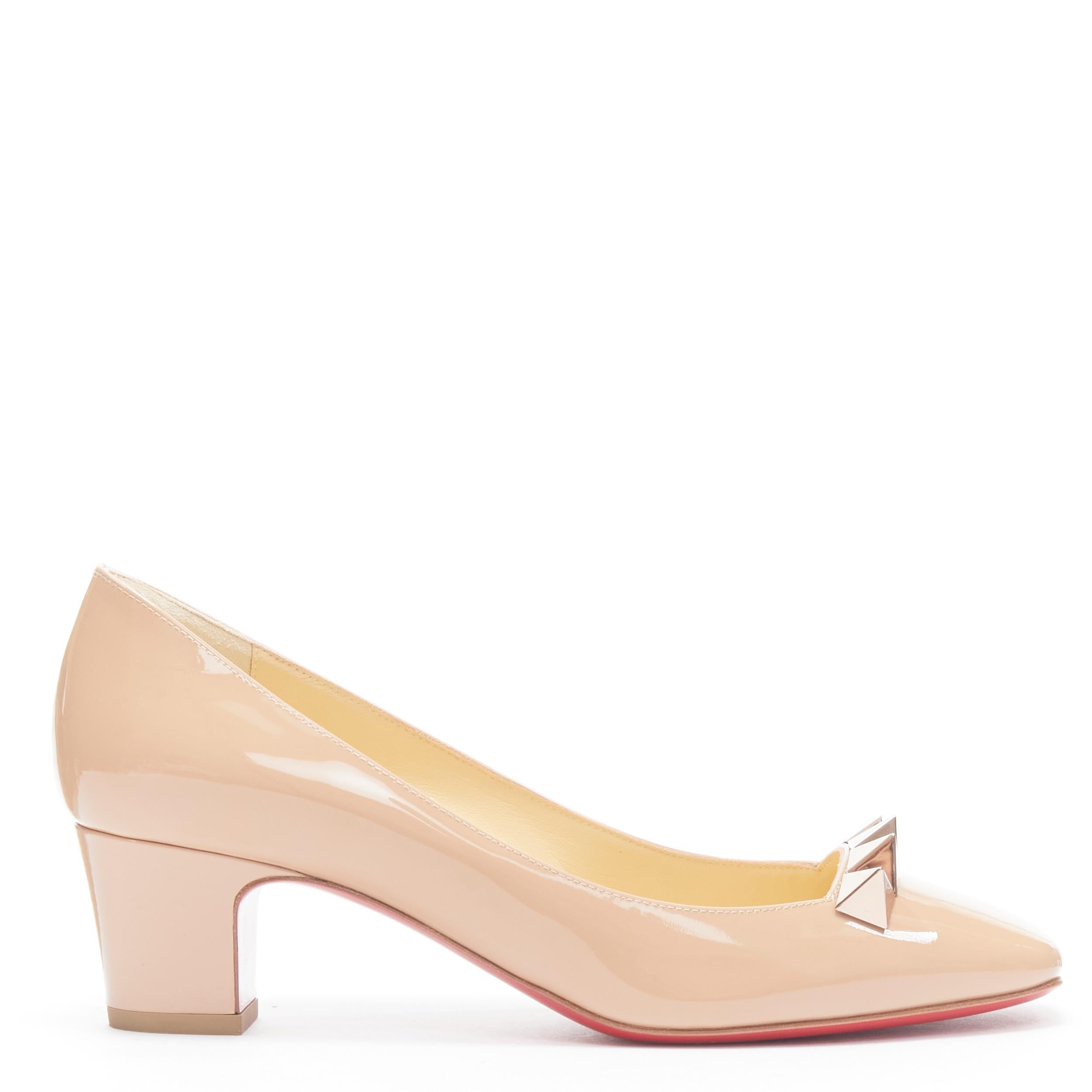 CHRISTIAN LOUBOUTIN Pyramidame 45 nude patent spike stud square toe pump EU37.5 Reference: TGAS/B01404 
Brand: Christian Louboutin 
Designer: Christian Louboutin 
Model: Pyramidame 45 
Material: Patene Leather 
Color: Beige 
Pattern: Solid 
Extra