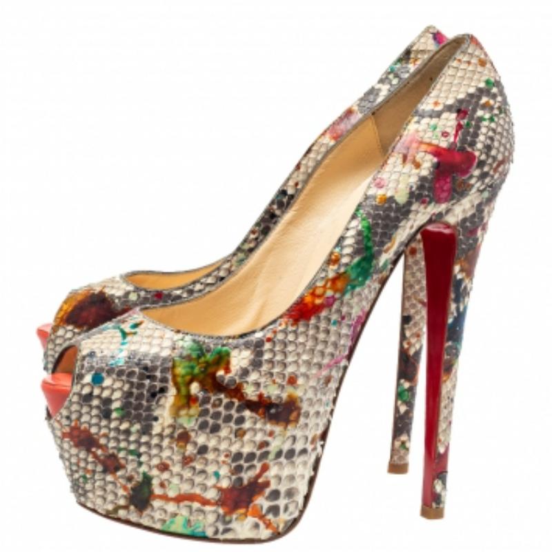 Women's Christian Louboutin Python Carnival Highness Peep Toe Platform Pumps Size 38.5 For Sale