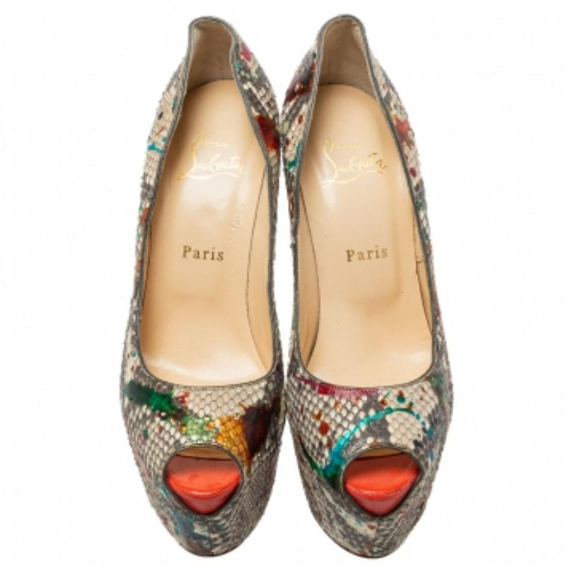 Christian Louboutin Python Carnival Highness Peep Toe Platform Pumps Size 38.5 For Sale 1