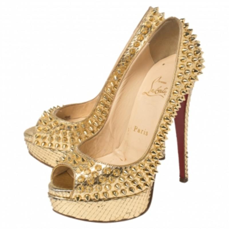 Beige Christian Louboutin Python Leather Lady Peep Toe Spike Platform Pumps Size 35 For Sale