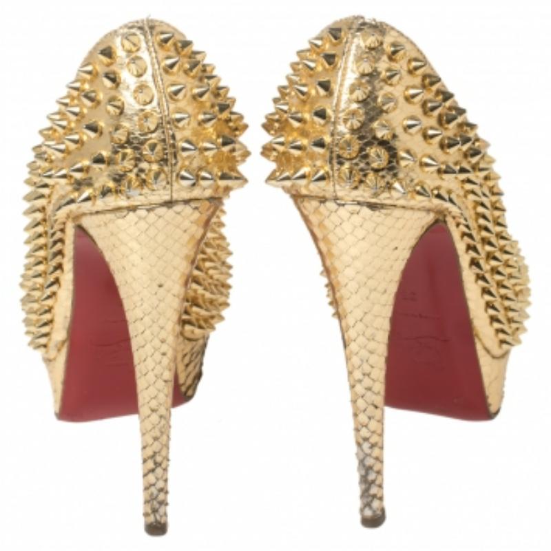 Christian Louboutin Python Leather Lady Peep Toe Spike Platform Pumps Size 35 For Sale 2