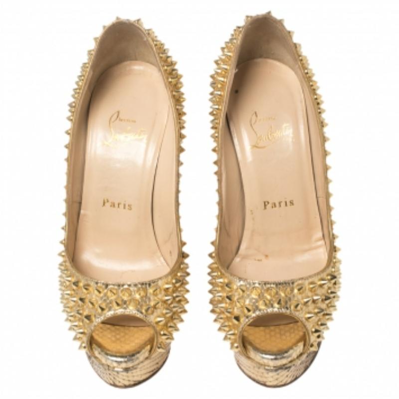 Christian Louboutin Python Leather Lady Peep Toe Spike Platform Pumps Size 35 For Sale 3