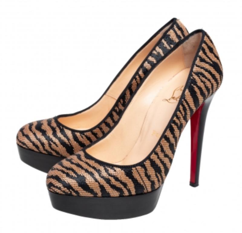Black Christian Louboutin Raffia Bianca Panama Tiger Weave Platform Pumps Size 37.5